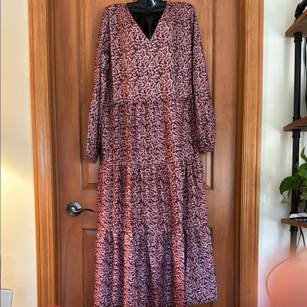 Women's Pink Floral Maxi Dress with V-Neck